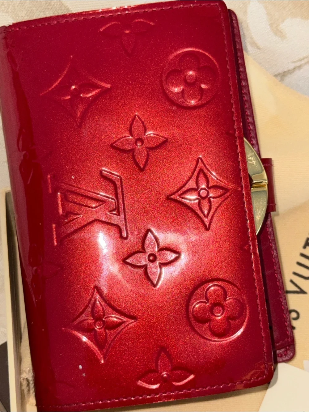 Louis Vuitton Patent Vernis Red Compact French Wallet with Gold Hardware